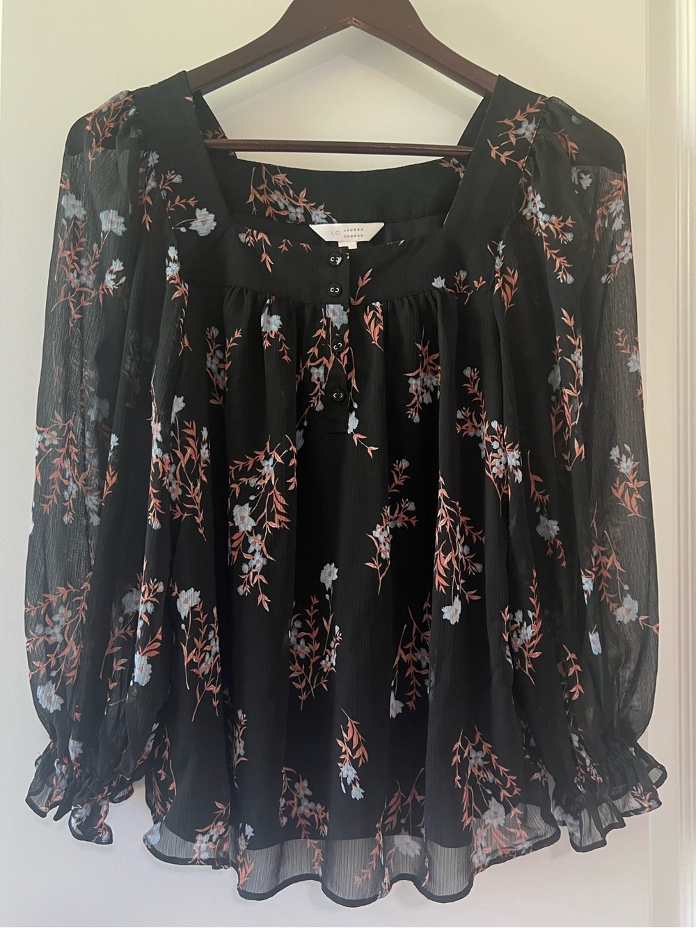 LC Lauren Conrad Black Floral Square Neck Chiffon Peasant Blouse Sheer Sleeve XS